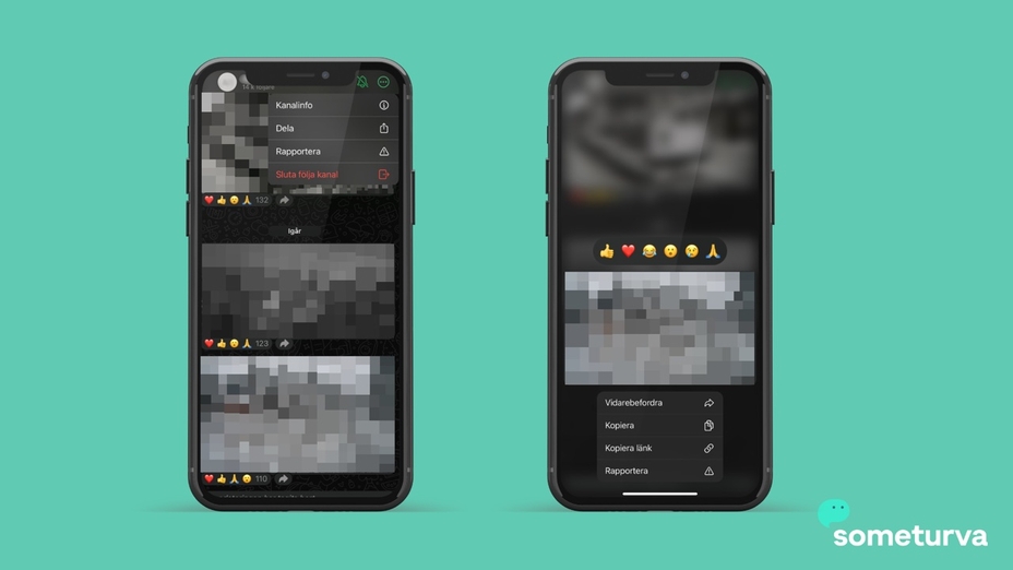 Du kan rapportera en kanal eller ett enskilt inlägg på en kanal till WhatsApp. Bilden till vänster visar kanalen, den till höger det enskilda inlägget.